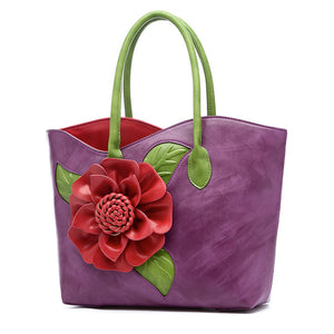 Women PU Leather Flower Decoration Elegant Handbag Sling Bag National Style Tote Bag