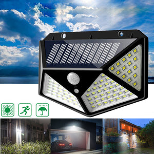 100 LED Solar Powered PIR Motion Sensor Wall Light Outdoor Garden Lamp 3 Modes