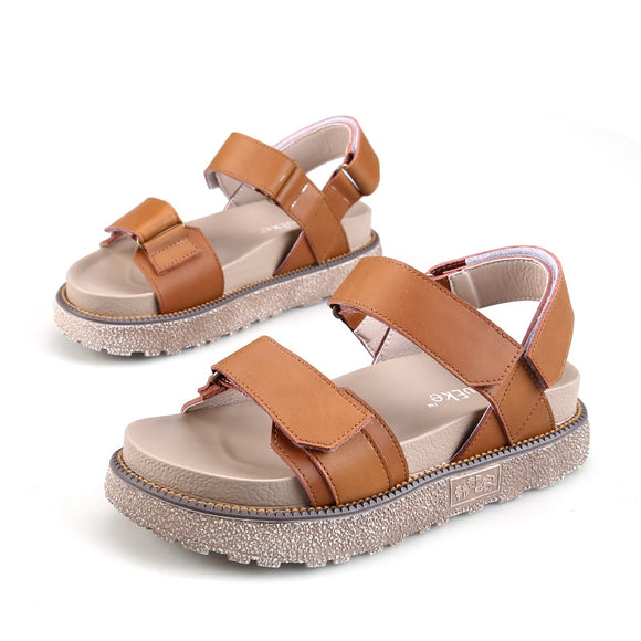 Women Rome Sandals Spring Autumn Leather Round Head Flat Platform Shoes Comfortable Non-slip