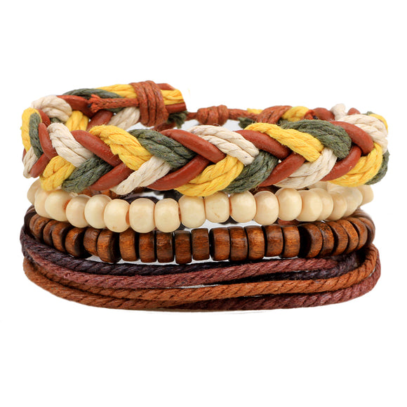 Men Multilayer Wax Rope Colorful Bracelet Retro Wooden Beaded Wristband