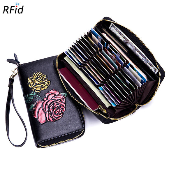 Brenice Women Embossed Rose RFID Wallet Vintage 36 Card Holders Zipper Purse