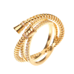 Luxury Sterling 24K Gold Plated Unique Screw Thread Three Round Overlapping Rings Women Jewelry