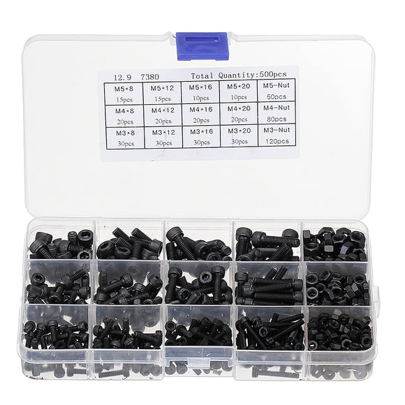 Suleve MXCH5 500Pcs M3 M4 M5 Carbon Steel Screw Hex Socket Cap Head 8-20cm Bolt Nut Assortment