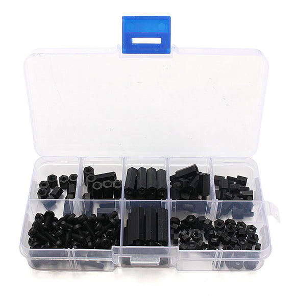 160pcs M3 Nylon Black M-F Hex Spacers Screw Nut Assortment Kit