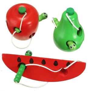 Lovely Wooden Worm Eat Stringing Fruit Baby Kids Developmental Toys Apple Pear Bead Insect Rope