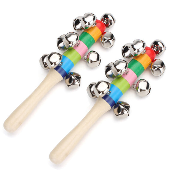 2Pcs Baby Kid Rainbow Wooden Handle Bell Stick Shaker Rattle Toy