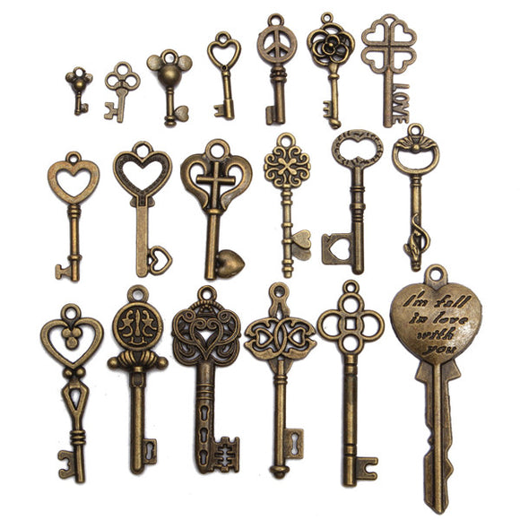 19Pcs Antique Vintage Old Look Skeleton Key Set Lot Pendant Heart Bow Lock Steampunk Jewel