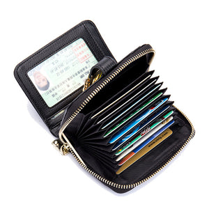 Women Genuine Leather Zipper Card Holder Chain Lock Short Purse Wallets