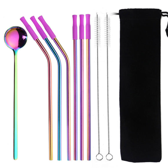 Reusable Silicone Tips Cover Stainless Steel Straight Straw Cruved Drink Straws Spoon with Cleaning Brushes