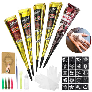 5Pcs Henna Tattoo Cream Set Temporary Tattoo Art Ink India Painting Tattoo Paste with 4Pcs Plastic Nozzle