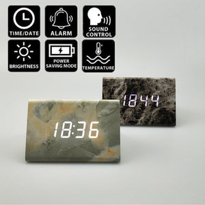 12x8CM Multi-function Wood LED Marble Alarm Clock W/USB Voice Control Timer Date