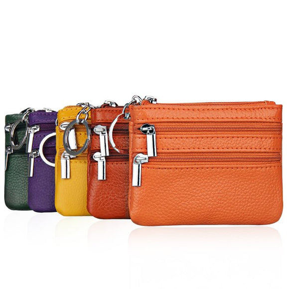 Women Genuine Leather Double Zipper Card Holder Clutch Wallet Candy Color Coin Bags