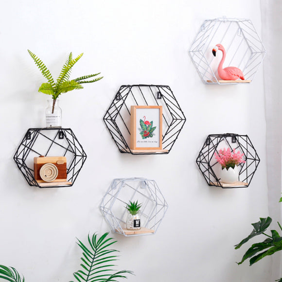 20cm Hexagon Wall Shelf Twill Trellis Storage Holders Wooden Rack Holder Home Decor Kitchen