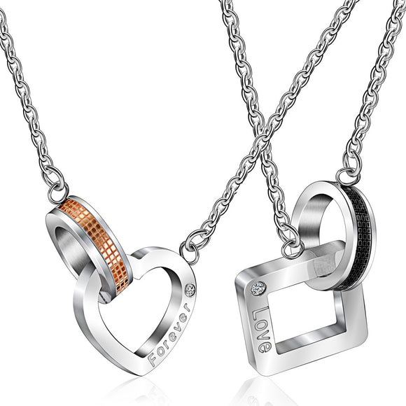 Romantic Stainless Steel Heart and Square Shape Love Forever Necklace for Men Women