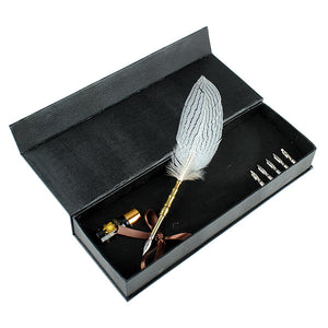 LS820-E White Silver Pheasant Dip Pen Quill Pen Gift Set Ink Included