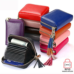 RFID  Antimagnetic Genuine Leather 15 Card Slots Multi Slot Tassel Card Holder Coins Bag