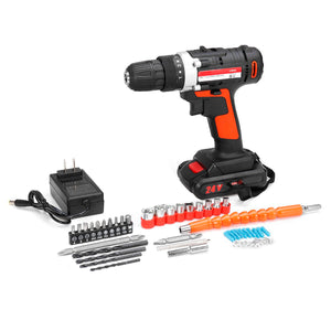 24V Cordless Drill Dual Speed Electric Screwdriver 1 Battery 48Nm 15+1 Torque 3/8 Chuck"