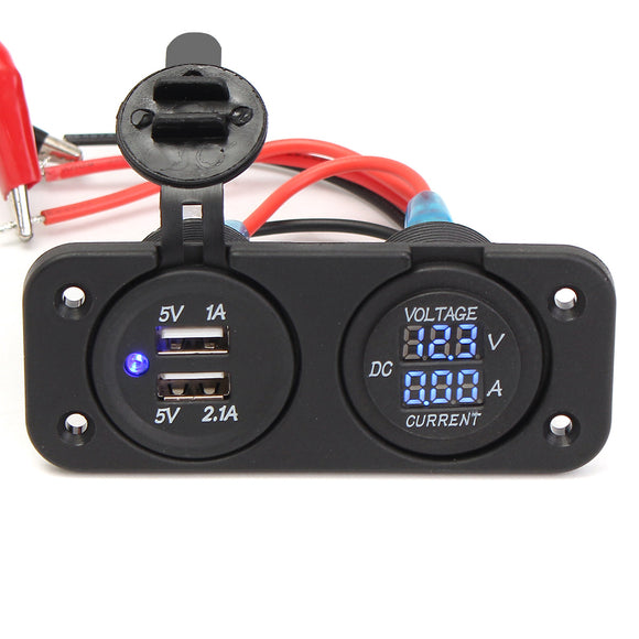 DC12-24V Waterproof Dustproof Dual Usb Port + LED Digital Volt Meterr + Ammeter