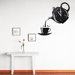 DIY Modern Teapot & Cup Acrylic Large Black Wall Clock Home Kitchen Dining Room Deco