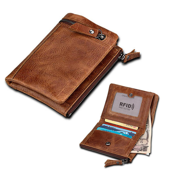 IPRee Men RFID Blocking Short Wallet Genuine Leather Brown Coin Card Holder Purse