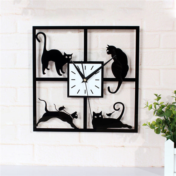 Four Cat Pattern Acrylic Wall Clock Black Quartz Bedroom Living Room