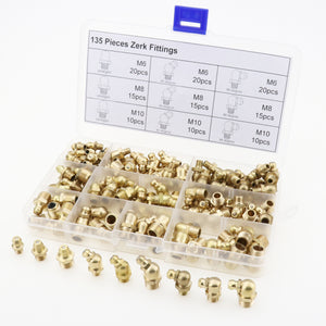 135pcs Hydraulic Metric Brass Zerk Grease Nipple Fitting Kit M6/M8/M10 Machinery Parts