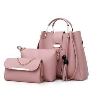 Women Faux Leather Three-piece Set Tassel Handbag Crossbody Bag Clutch Bag