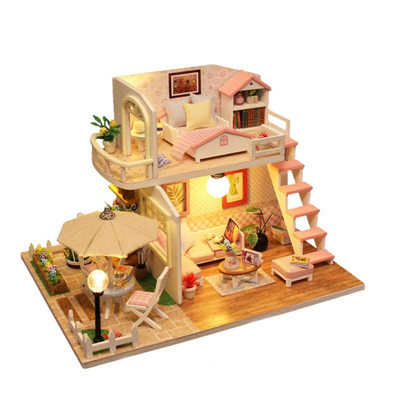 Handcraft DIY Doll House Time Cafe Toy Wooden Miniature Furniture LED Light Gift