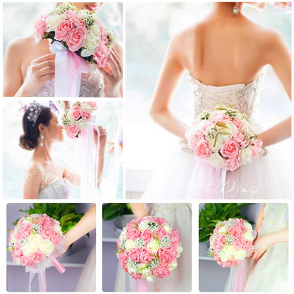 Handmade Rose Flower Artificial Flowers Bridal Wedding Bouquet Brooch Crystal Pearls Flowers