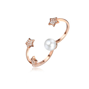 Elegant Platinum Plated Artificial Pearl Five Pointed Star Rose Gold Open Double Rings for Women