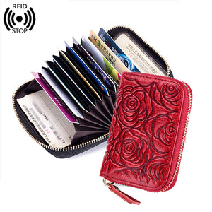 RFID Women Genuine Leather Floral Fashion Short Wallet 9 Card Slots Card Holder Coin Purse