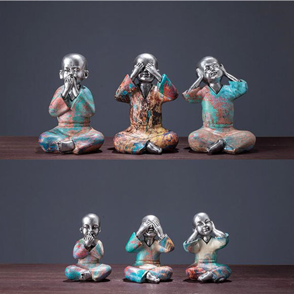 3PCS Speak Hear See No Evil Buddist Monk Resin Ornament Home Office Decorations Gift