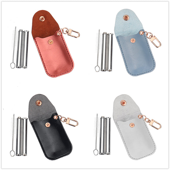 Portable Reusable Stainless Steel Reusable Foldable Drinking Straw + Keychain PU Leather Storage Case + Cleaning Brush