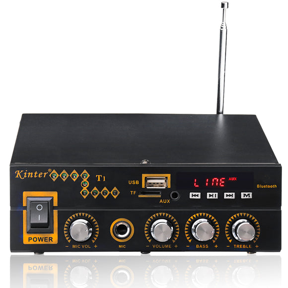 Kinter T1 2X25W Digital bluetooth Stereo Amplifier Support TF FM USB Microphone EU 12V/220V