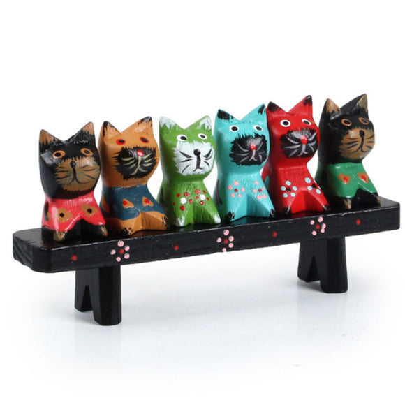 6 Decorative Wooden Cat Statue Miniature Lifelike Cat Figurine Decorations Gift