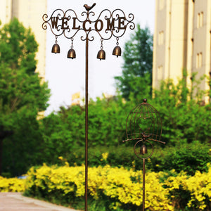 Waterproof Retro Birds Shape Long Stake Wind Chime Welcoming Iron Frame Stand Balcony Landscape Outdoor Garden Decorations