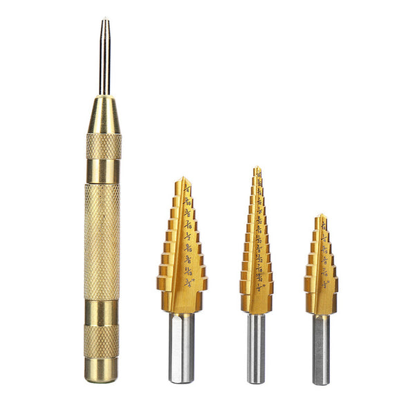 4pcs 3/16-1/2 1/4-3/4 1/8-1/2 Titanium Coated Step Drill Bit with Automatic Center Pin Punch