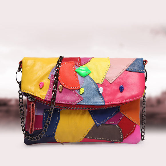 Women Genuine Leather Patchwork Stitching Crossbody Bag Vintage Shoulder Bags