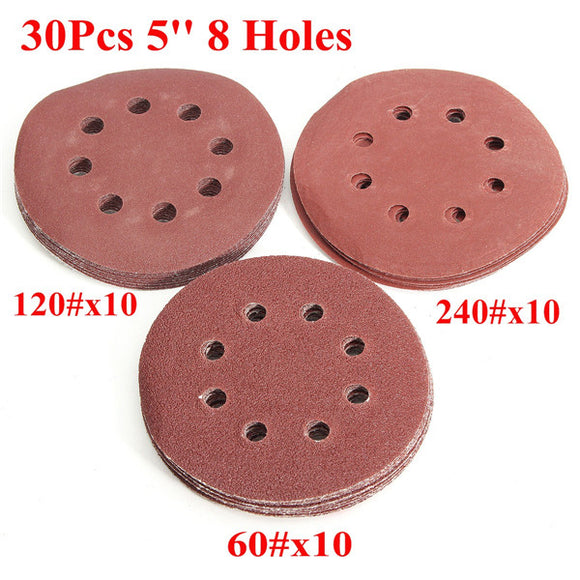 30pcs 5 Inch 8 Holes Abrasive Sanding Discs Sanding Paper 60/120/240 Grit Sand Paper