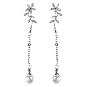 Temperament Flowers Pearl Earrings Long Zircon 925 Silver Hypoallergenic Ear Drop jewelry