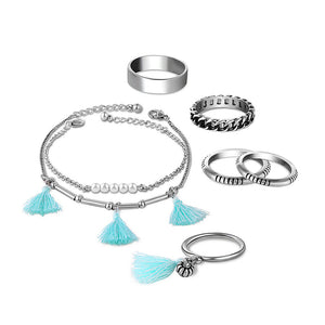 7 Pcs of Silver Plated Tassels Artificial Pearls Rings Bracelets Jewelry Set