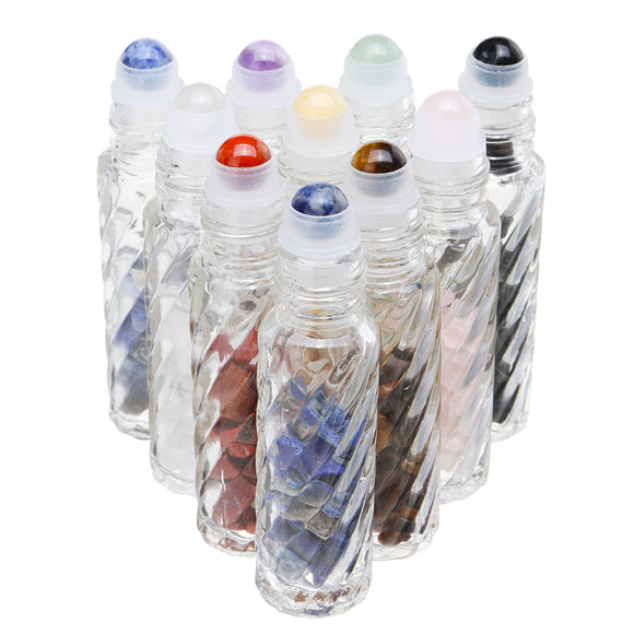 10Pcs Natural Clear Glass Crystals Essential Oil Gemstone Roller Balls Chips Bottles 10ml