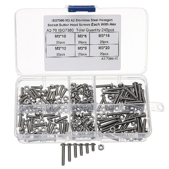 Suleve M3SH2 M3 Stainless Steel Hex Socket Button Head Cap Screws Bolts Nuts Assortment 240pcs