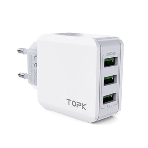 TOPK 3.1A 3 USB Ports Wall Charger EU Adapter for Nokia X6 Xiaomi Mi A2 Pocophone F1