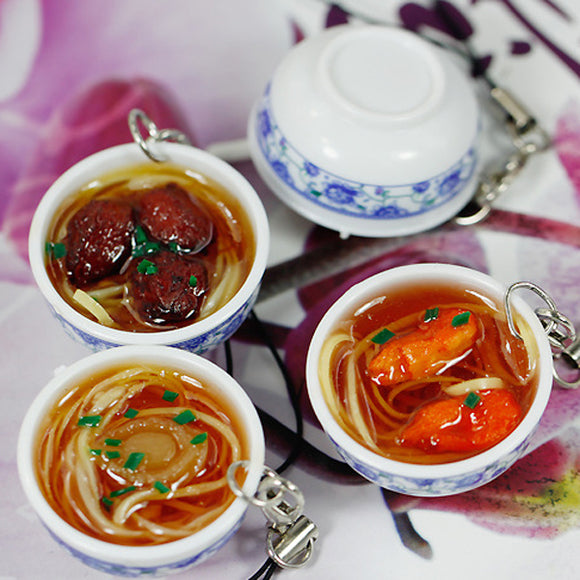 Simulation Large Bowl Chinese Food with Porcelain Spoon Key Chain Home Decoration