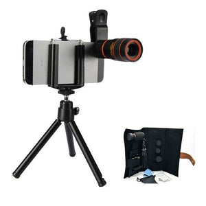 5 in 1 Camera Lens Kit 8X Telescope Lens+2X Telephoto+Wide Angle+Fisheye Lens+Macro Lens+Tripod+Clip