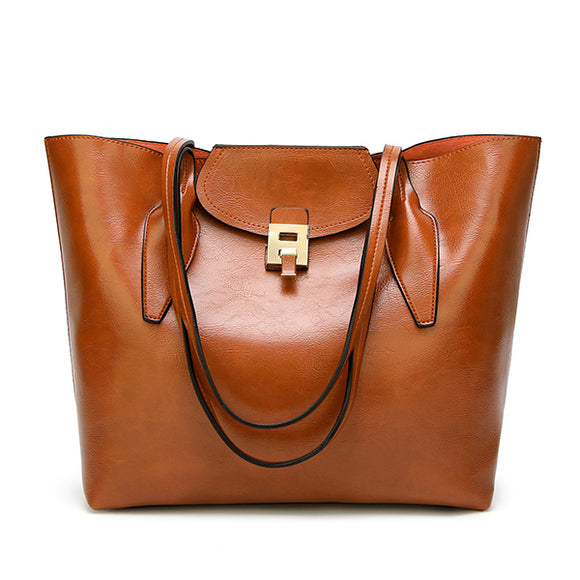 Women PU Vintage Handbag Solid Lock Shoulder Bag Tote Bag