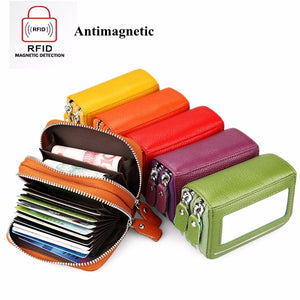 Genuine Leather RFID Double Zipper 11 Card Holder Anti Theft Coin Bag Short Purse