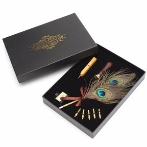 Antique Peacock Feather Quill Dip Pen with 5 pcs Pen tips and Ink Bottle and Wax Seal Set