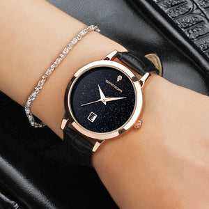 SANDA P194 Fashionable Star Dial Display Ladies Watch Genuine Leather Strap Quartz Watch